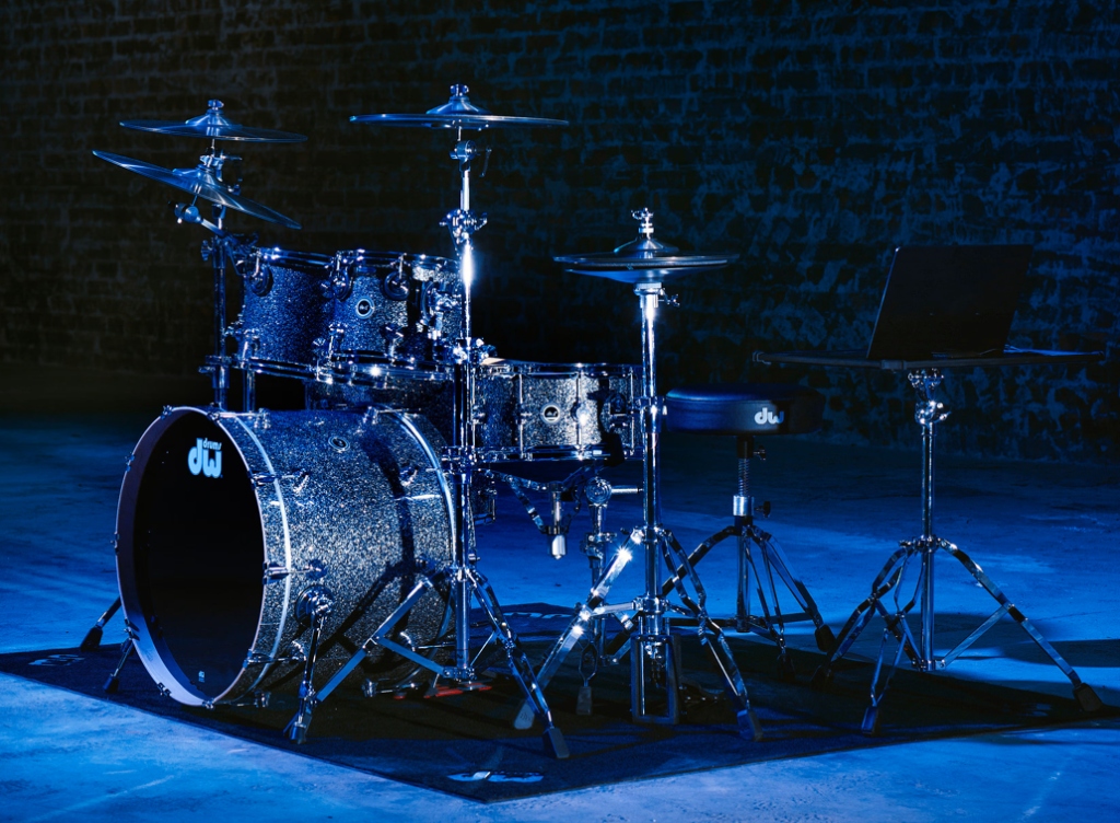 A professional drum kit setup in a studio.