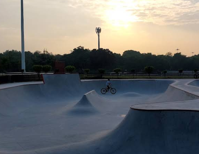PEC campus skatepark under sunset.